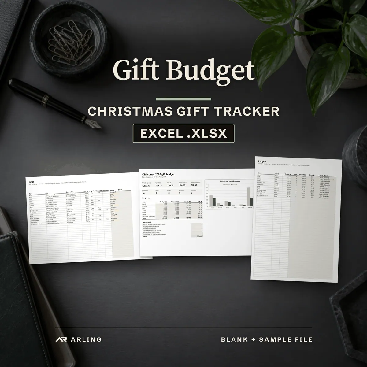 Gift Budget, Christmas gift tracker, Excel .xlsx. Real pages printed by Excel from the sample file, laid on a desk.