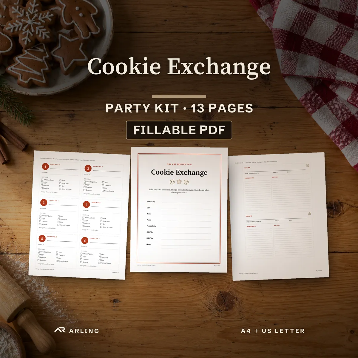 Cookie Exchange party kit, fillable PDF: real pages from the file on a kitchen table, the invitation, numbered cookie labels with allergen boxes and 4 x 6 inch recipe cards.