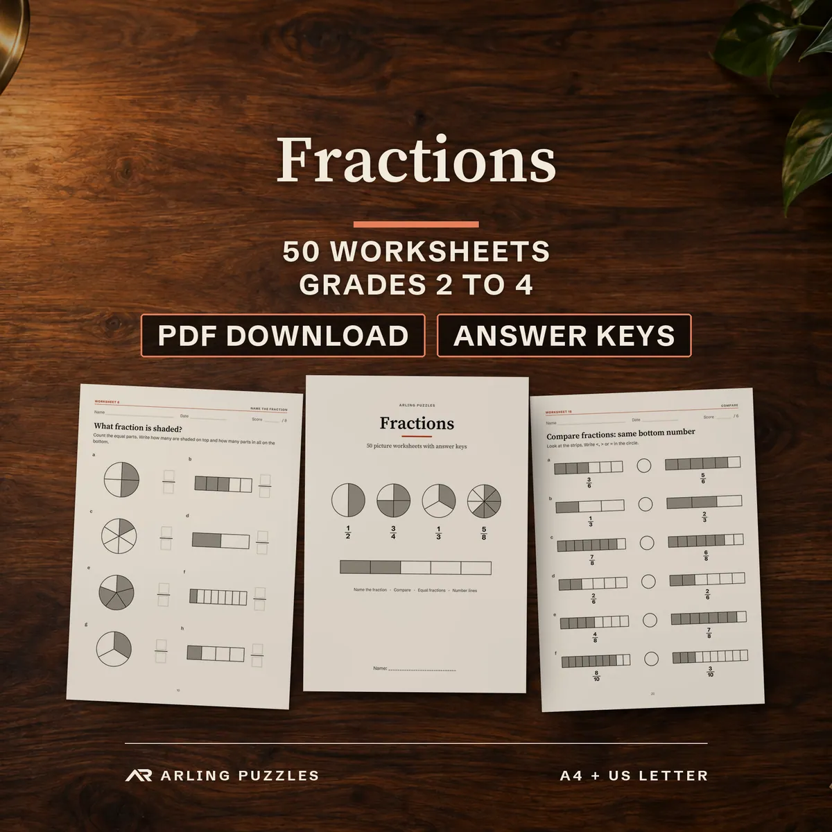 Fractions printable worksheets, 50 pages with answer keys, pages on a teacher desk