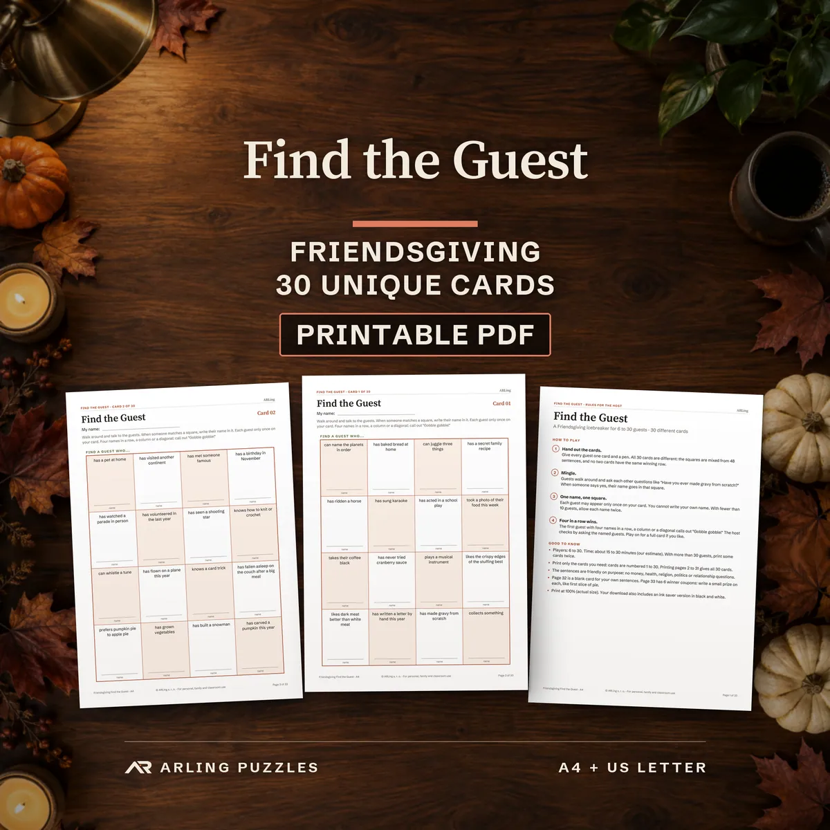 Find the Guest, Friendsgiving, 30 unique cards, printable PDF. Real pages from the file on an autumn table: two cards and the host rules.