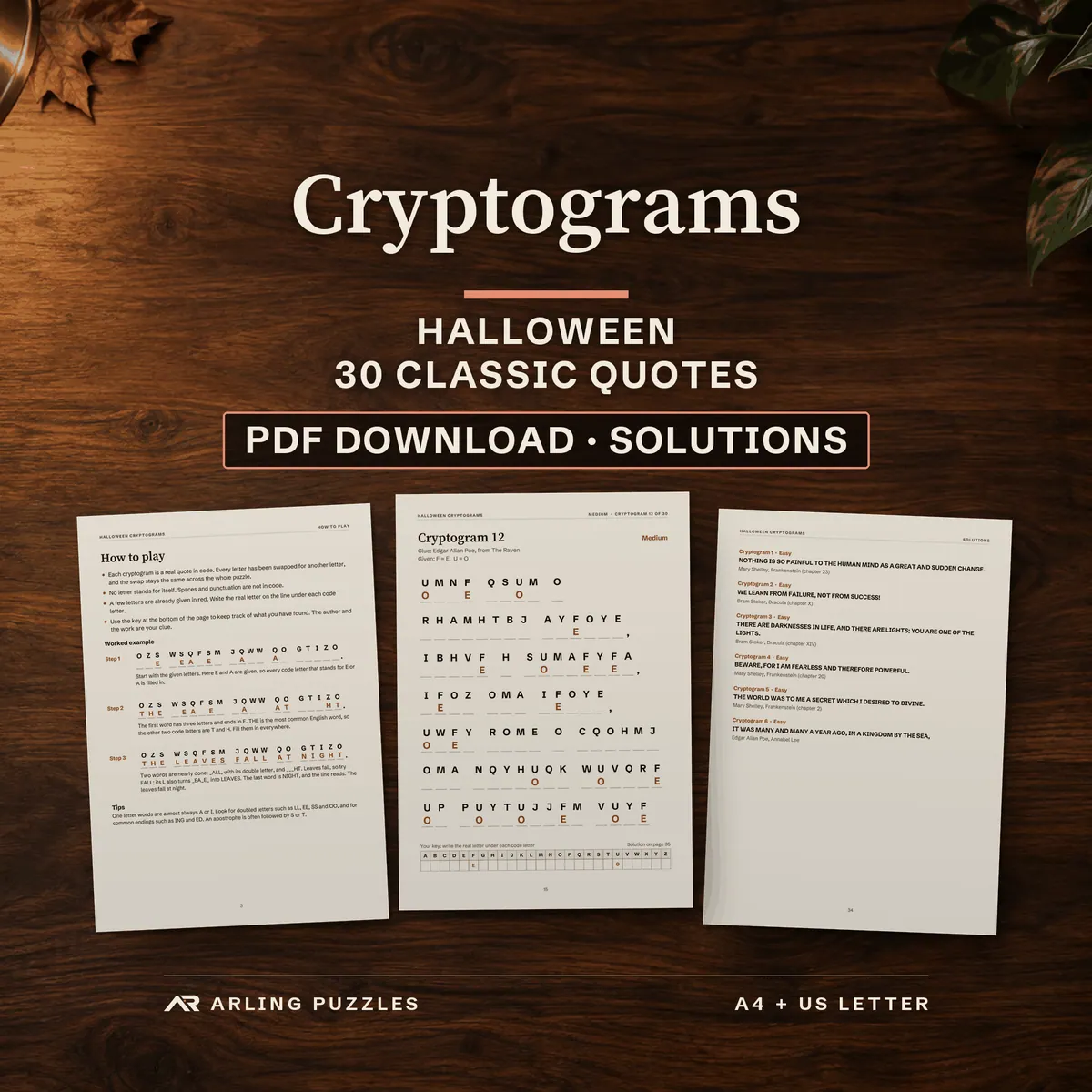 Halloween Cryptograms, 30 classic quotes, PDF download with solutions. Real pages laid on an autumn desk with small pumpkins: how to play, a cryptogram and solutions.