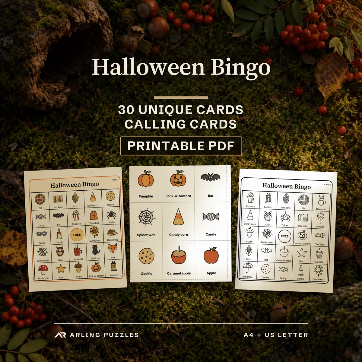 Halloween Bingo, 30 unique cards and calling cards, printable PDF. Real pages laid on moss: a colour card page, calling cards and an ink saver card page.