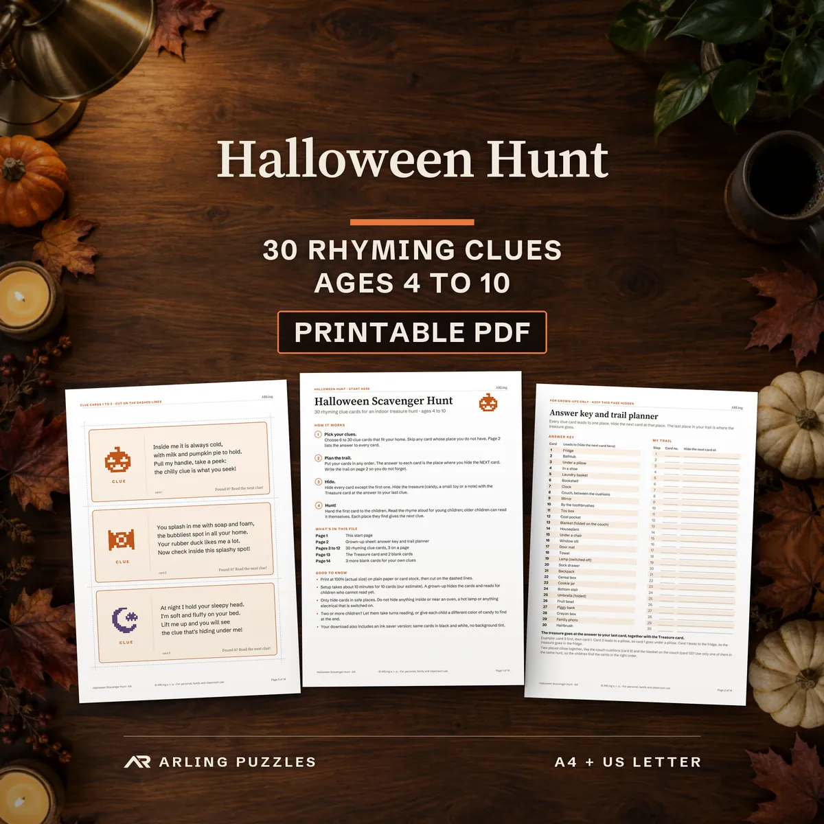 Halloween Hunt, 30 rhyming clues, ages 4 to 10, printable PDF. Real pages from the file laid on a table: clue cards, the start page and the answer key.