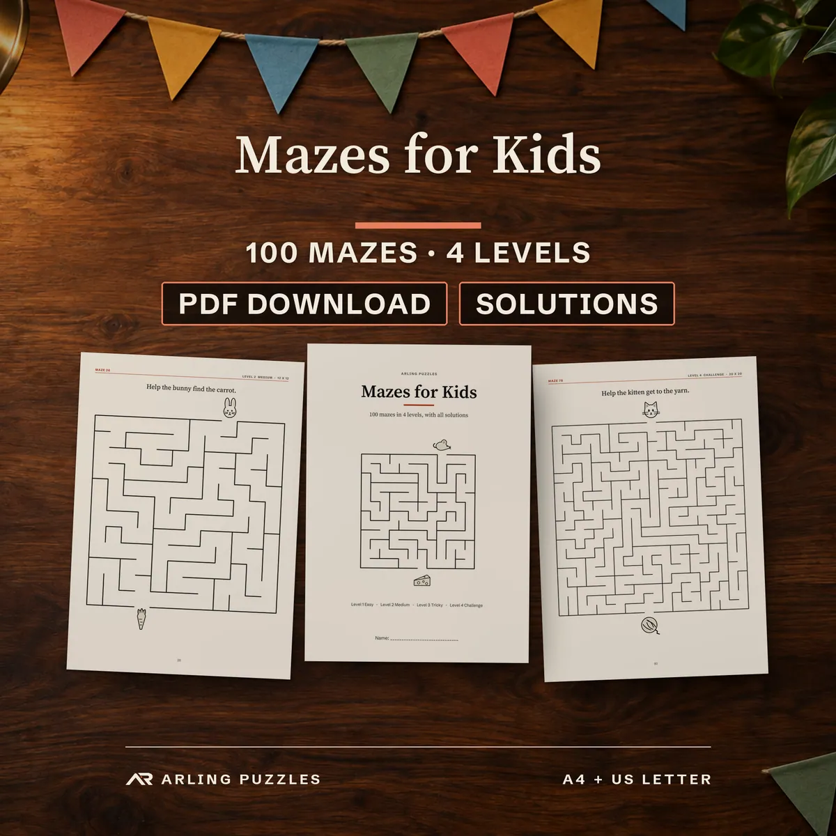 Mazes for Kids printable book, 100 mazes in 4 levels, pages on a table