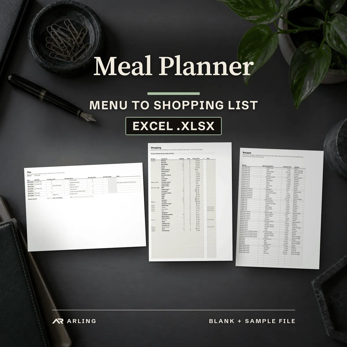 Meal Planner, Menu to shopping list, Excel .xlsx. Real pages printed by Excel from the sample file, laid on a desk.