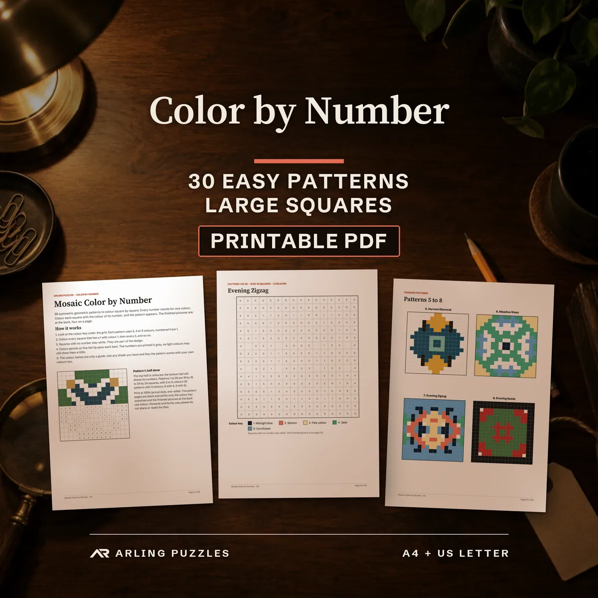 Easy Mosaic Color by Number, 30 patterns, printable PDF. Real pages on a table: the how it works page, a numbered pattern page and a page of finished pictures.