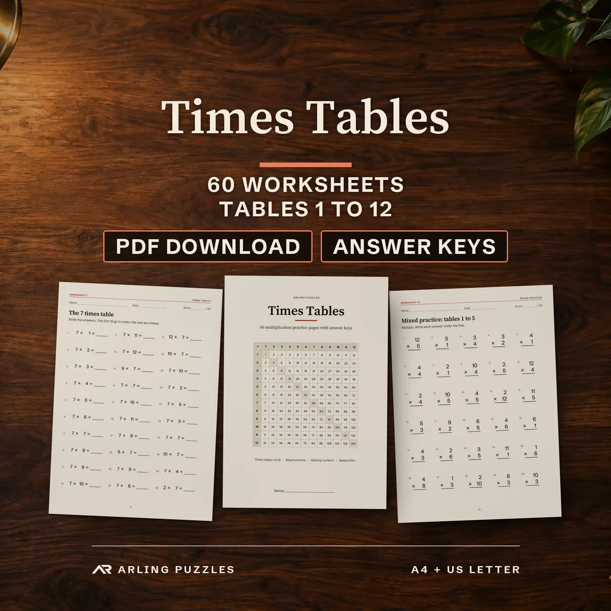 Times Tables printable worksheets, 60 pages with answer keys, pages on a teacher desk