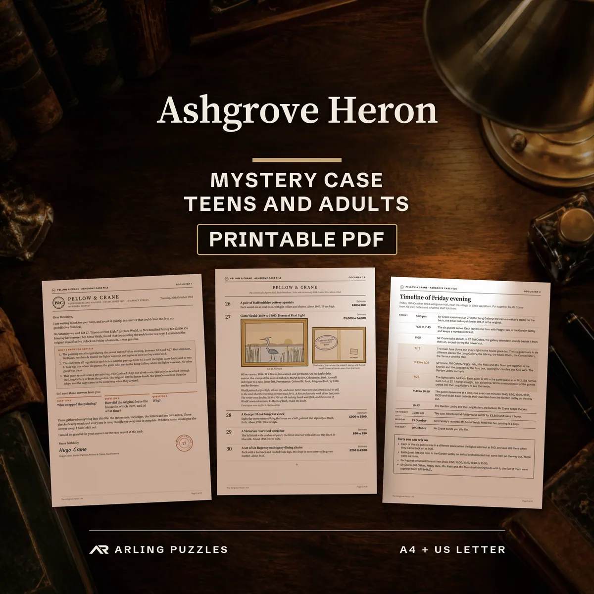 The Ashgrove Heron, printable mystery case file for teens and adults. Real pages laid on a desk: Mr Crane's letter, the auction catalogue with Lot 27 and the timeline of Friday evening.