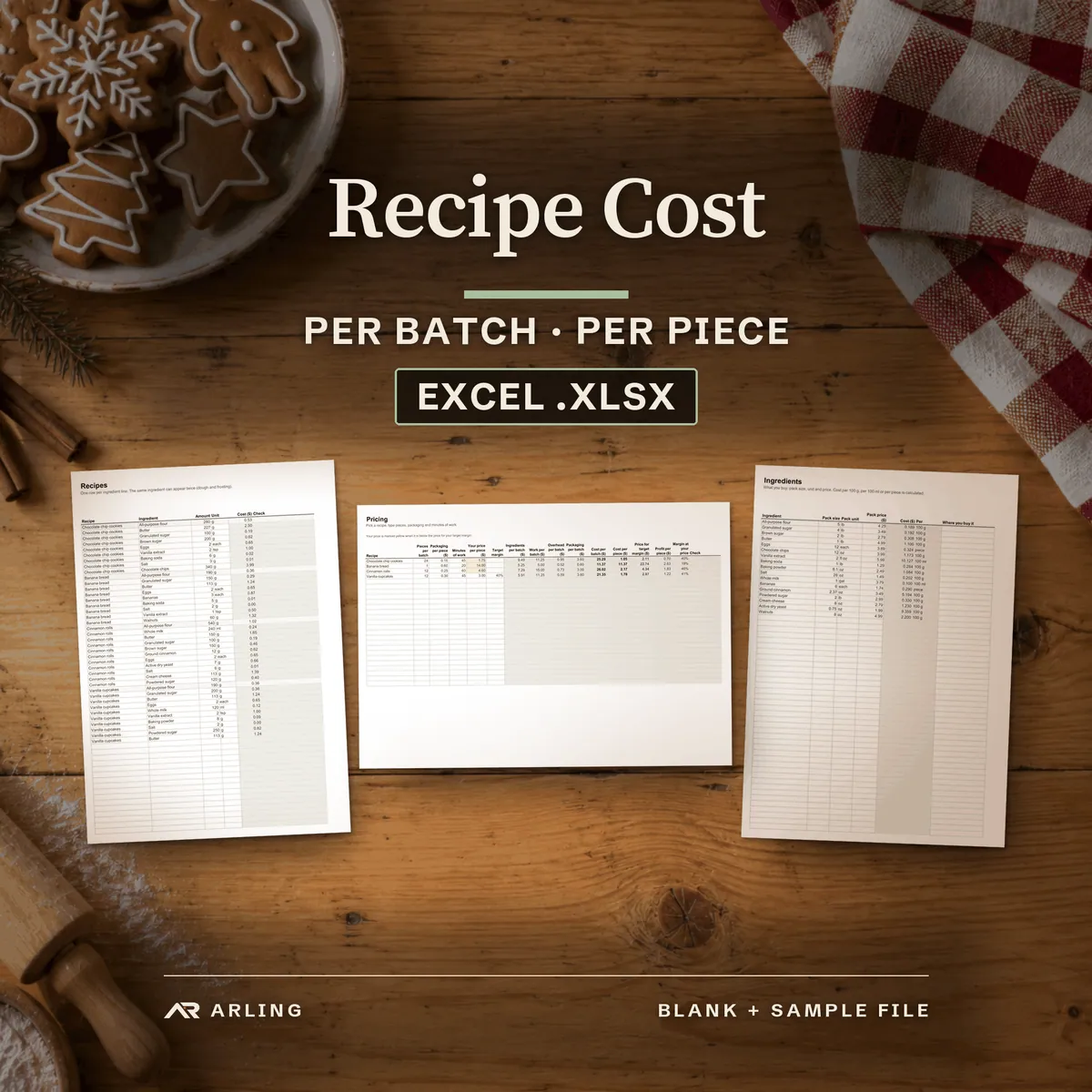 Recipe Cost, Per batch, Per piece, Excel .xlsx. Real pages printed by Excel from the sample file, laid on a desk.