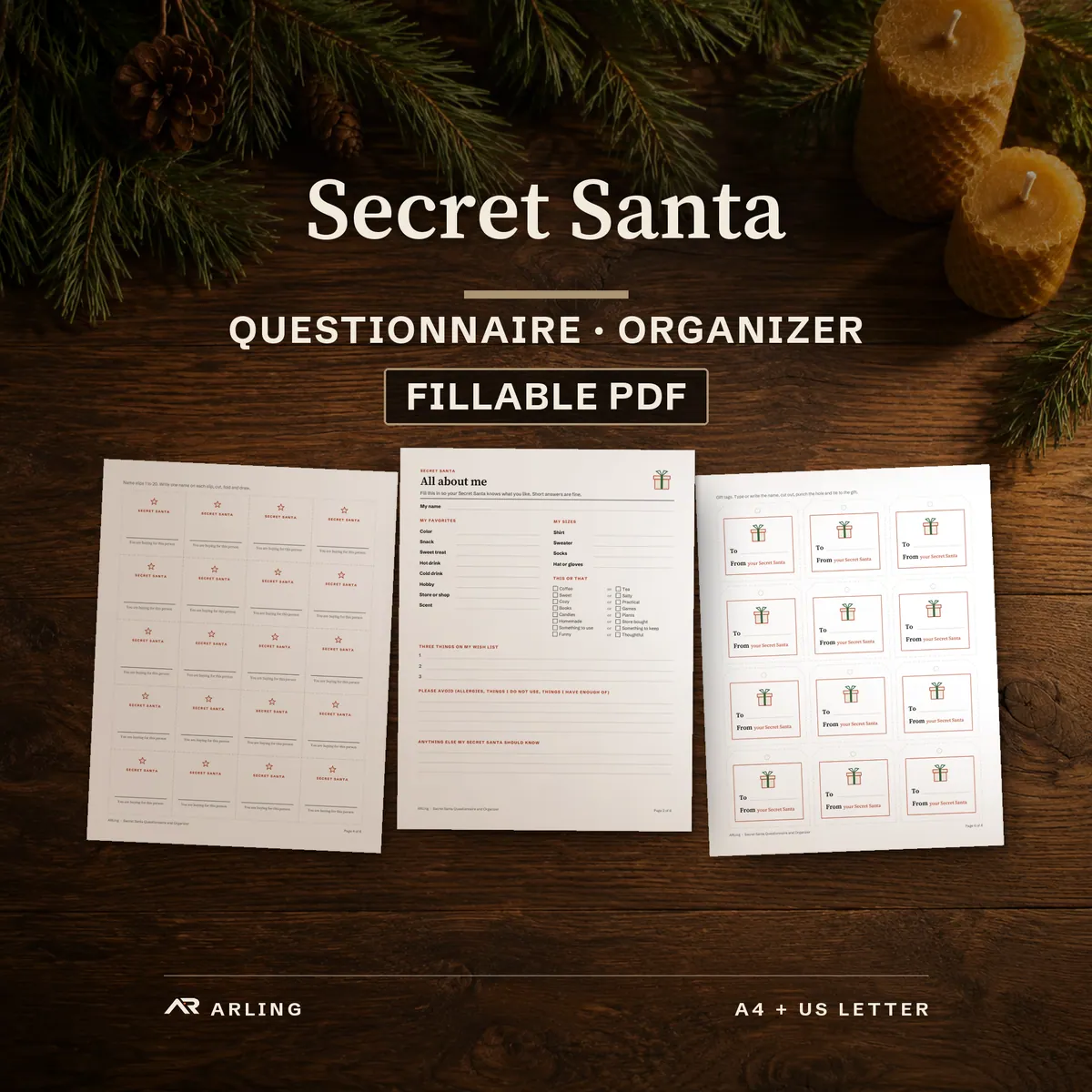Secret Santa questionnaire and organizer, fillable PDF: real pages on a table with pine and candles, name slips, the questionnaire and gift tags.