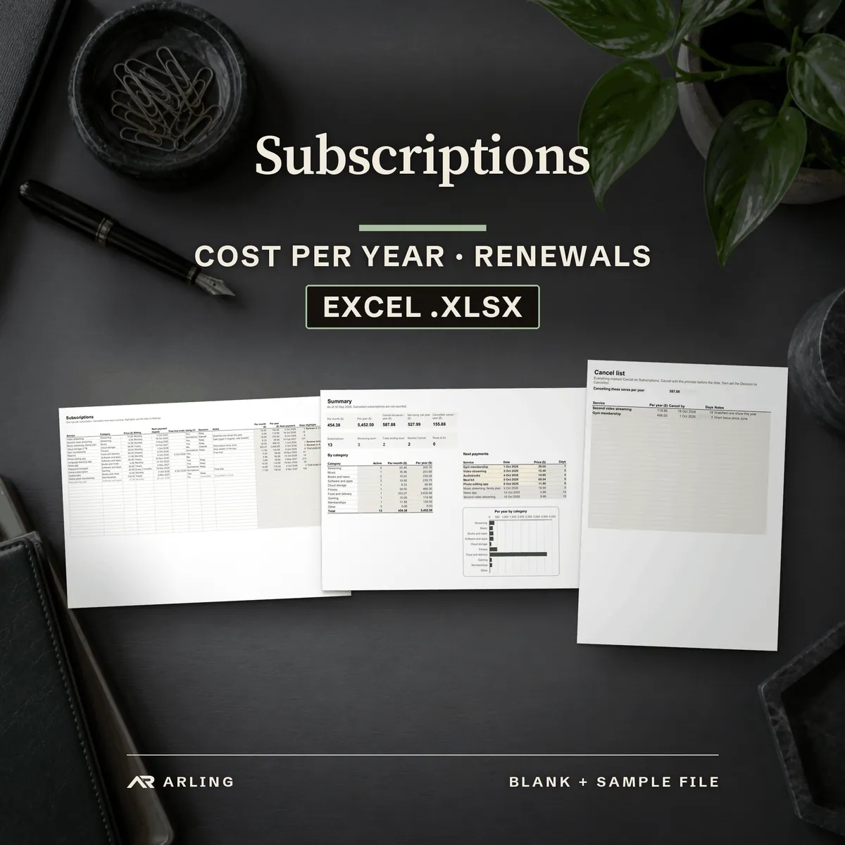 Subscriptions, Cost per year, Renewals, Excel .xlsx. Real pages printed by Excel from the sample file, laid on a desk.