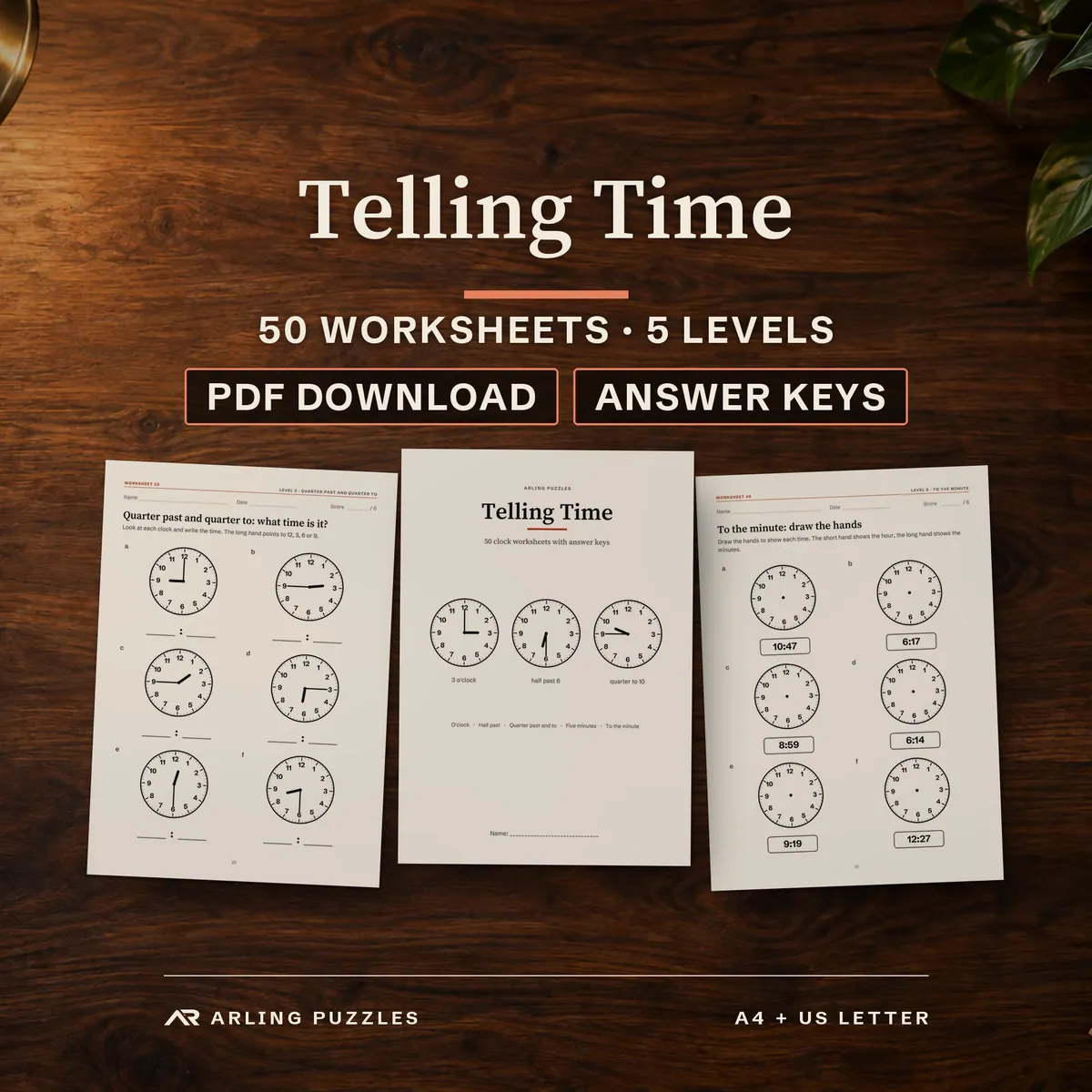 Telling Time printable worksheets, 50 pages in 5 levels with answer keys, on a teacher desk