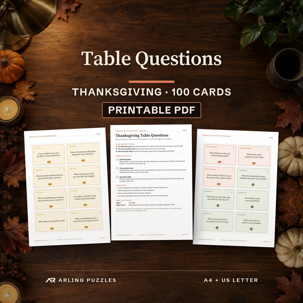 Table Questions, Thanksgiving, 100 cards, printable PDF. Real pages from the file on a table with autumn leaves: question cards and the start page.