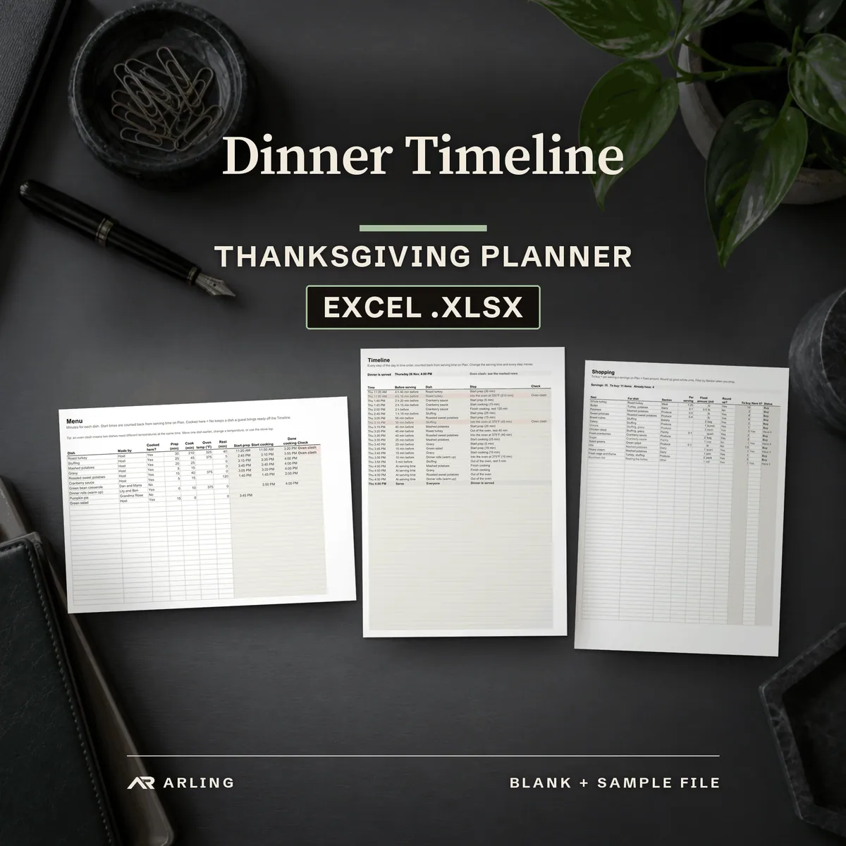 Dinner Timeline, Thanksgiving planner, Excel .xlsx. Real pages printed by Excel from the sample file, laid on a desk.