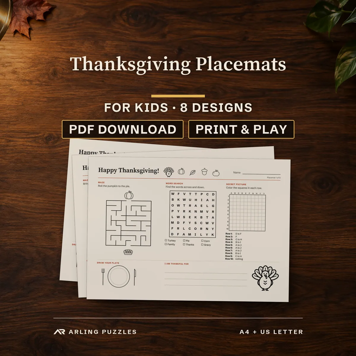 Thanksgiving placemats for kids, printable activity pages on an autumn table