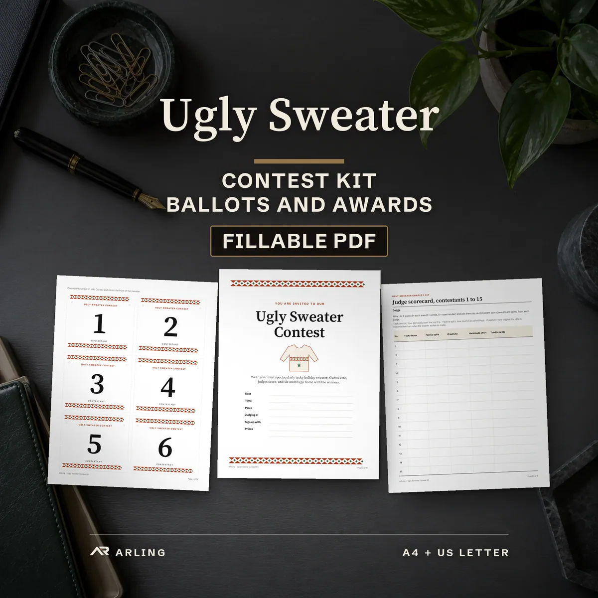 Ugly Sweater contest kit, printable PDF: real pages on an office desk, a big contestant number card, the contest poster and a judge scorecard.