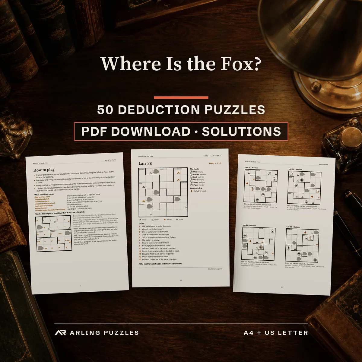 Where Is the Fox, a book of 50 deduction logic puzzles on floor plans, PDF download with solutions. Real pages on a library desk: how to play, a puzzle and solutions.