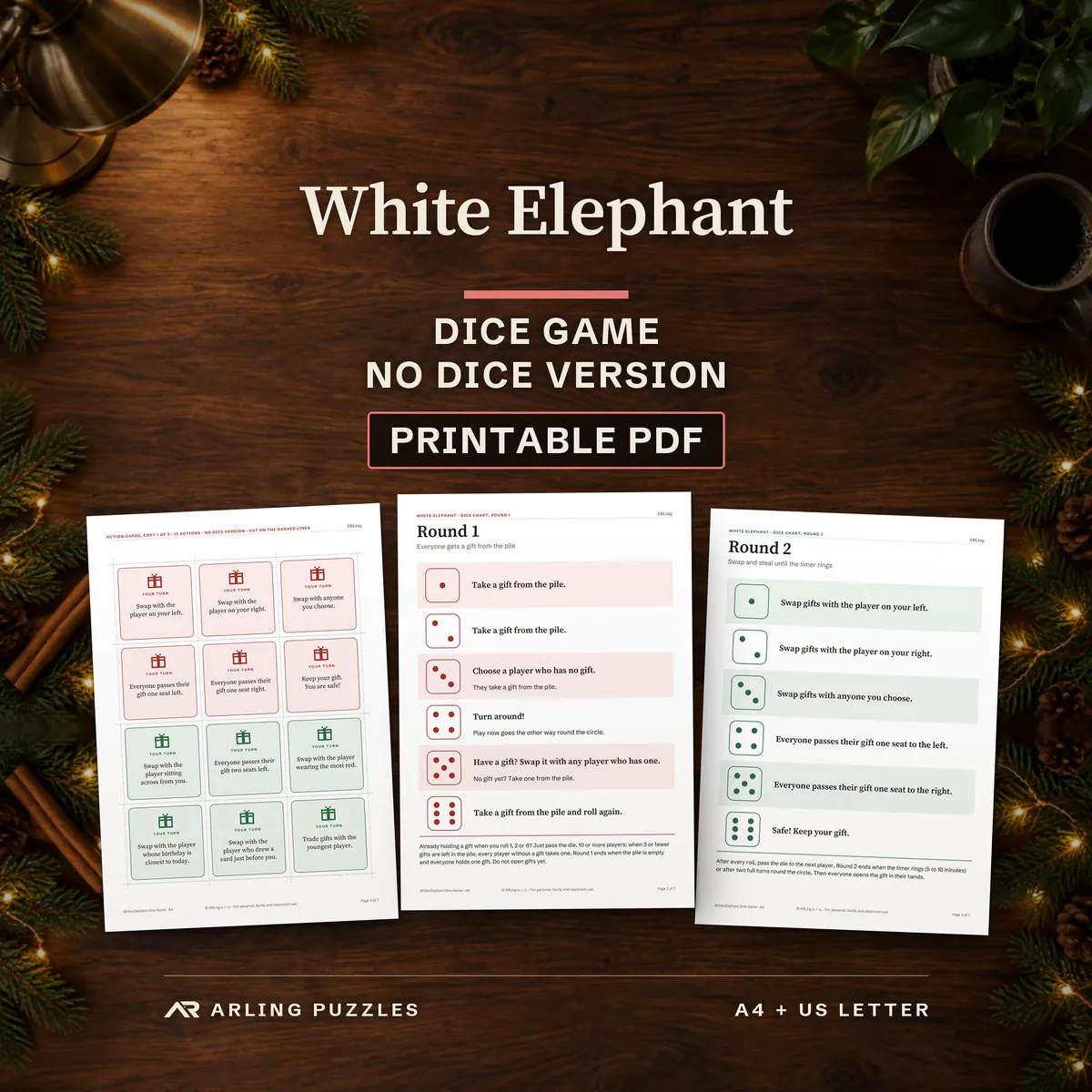 White Elephant dice game with a no dice version, printable PDF. Real pages from the file on a Christmas table: action cards and both dice charts.