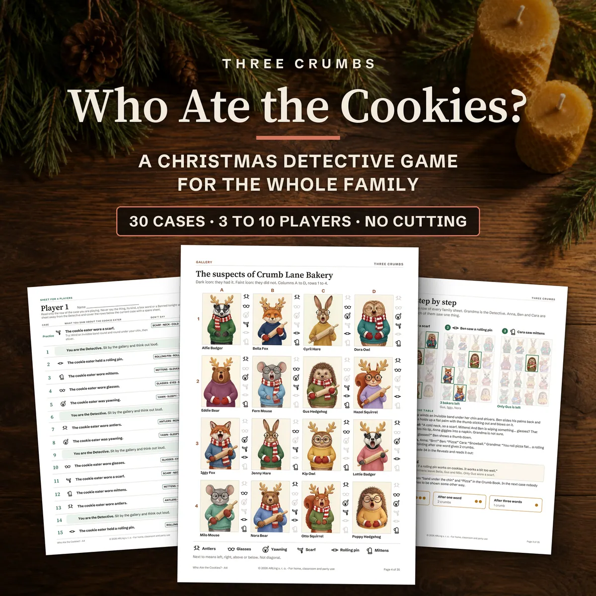 Who Ate the Cookies? Christmas detective game for the whole family, 30 cases, 3 to 10 players, no cutting. Real pages: a player sheet, the gallery of 16 illustrated animal bakers and the example page.