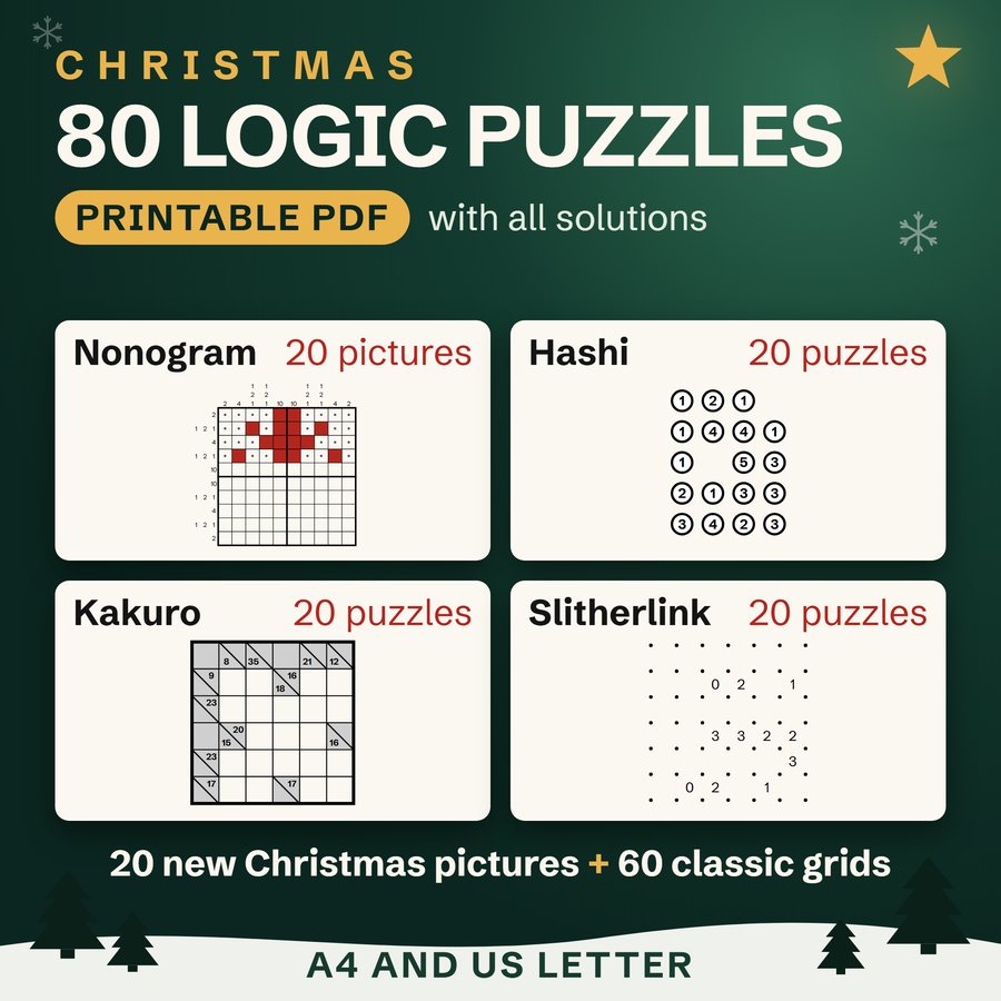 The first picture of the Etsy listing: the Christmas Logic Puzzle Book with 80 logic puzzles, 20 each of Nonogram, Hashi, Kakuro and Slitherlink, as a printable PDF with all solutions.