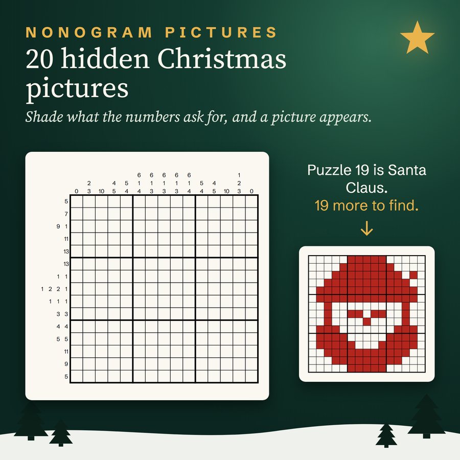 Listing picture: an empty 15 x 15 Nonogram from the book next to its solved picture, puzzle 19, Santa Claus.
