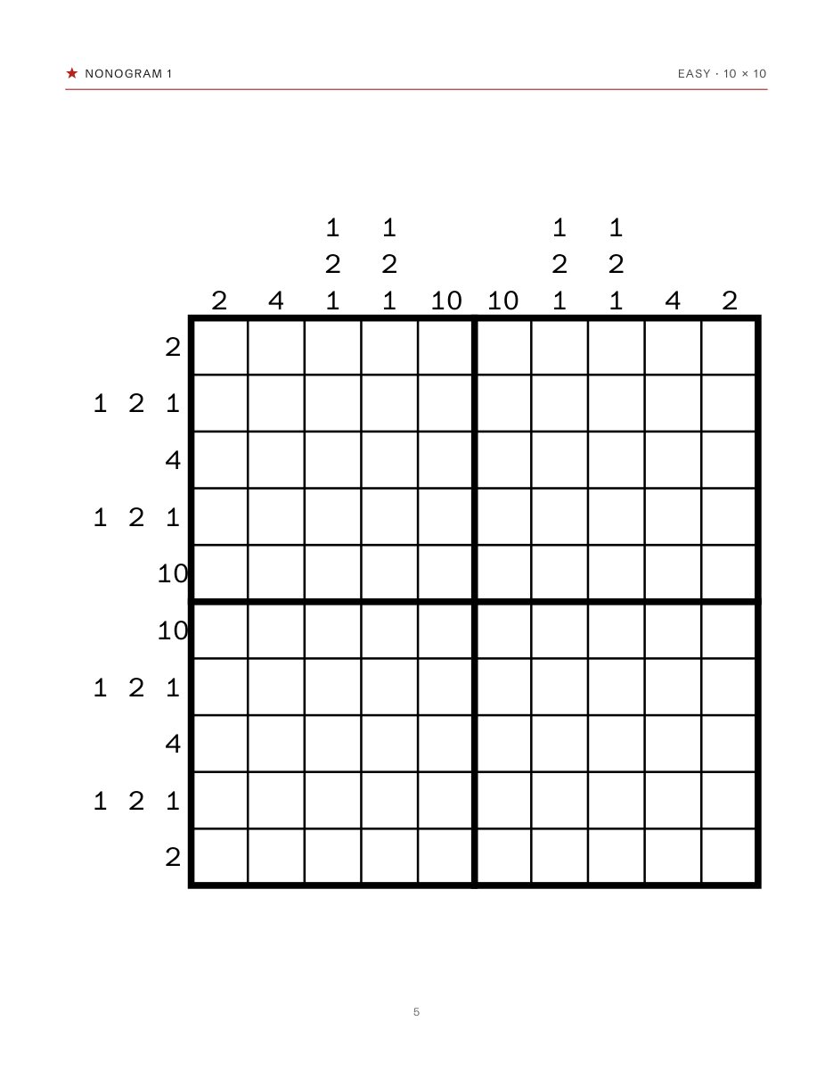 Page 5 of the US Letter file: Nonogram 1, an easy 10 x 10 grid with its clues and no solution, exactly as it prints.