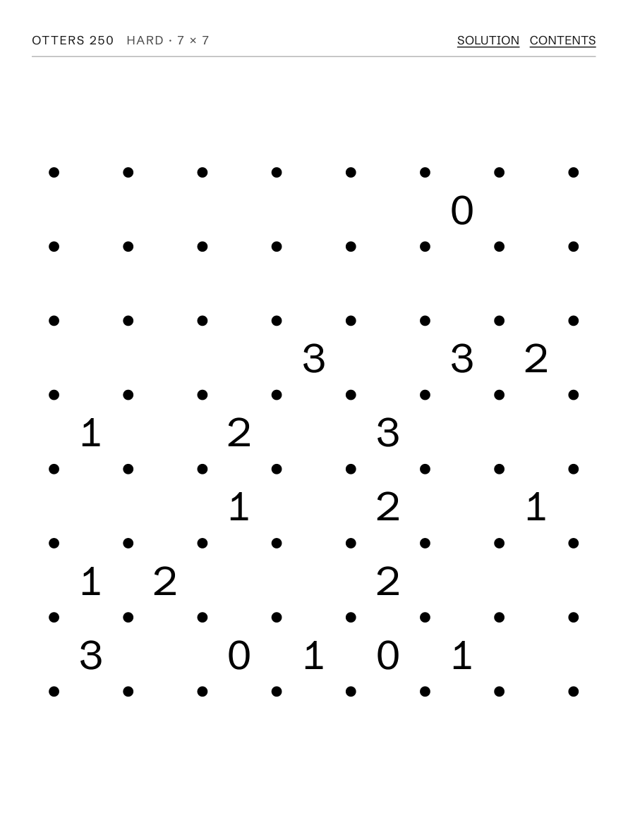 Page 253 of the Slitherlink book: a 7 by 7 field of dots with numbers between them