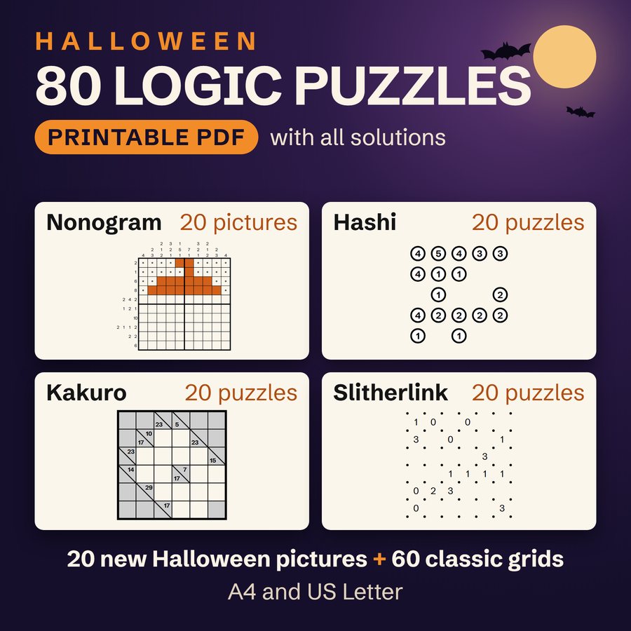 The first picture of the Etsy listing: the Halloween Logic Puzzle Book with 80 logic puzzles, 20 each of Nonogram, Hashi, Kakuro and Slitherlink, as a printable PDF with all solutions.