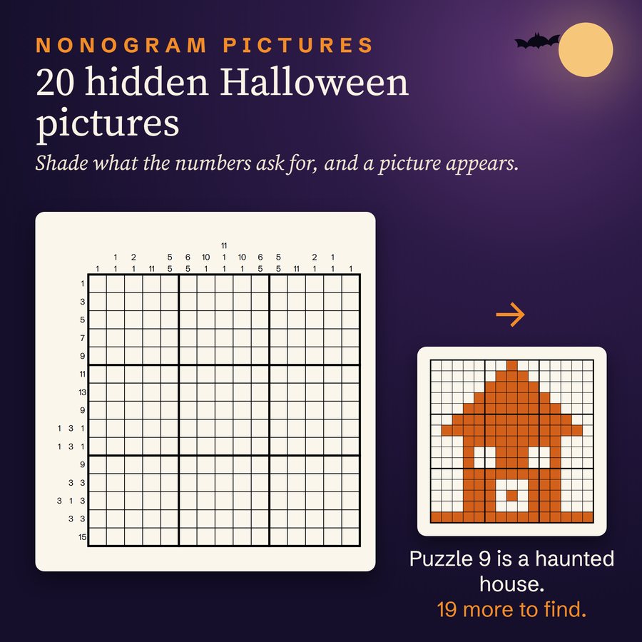 Listing picture: an empty 15 x 15 Nonogram from the book next to its solved picture, puzzle 9, a haunted house.