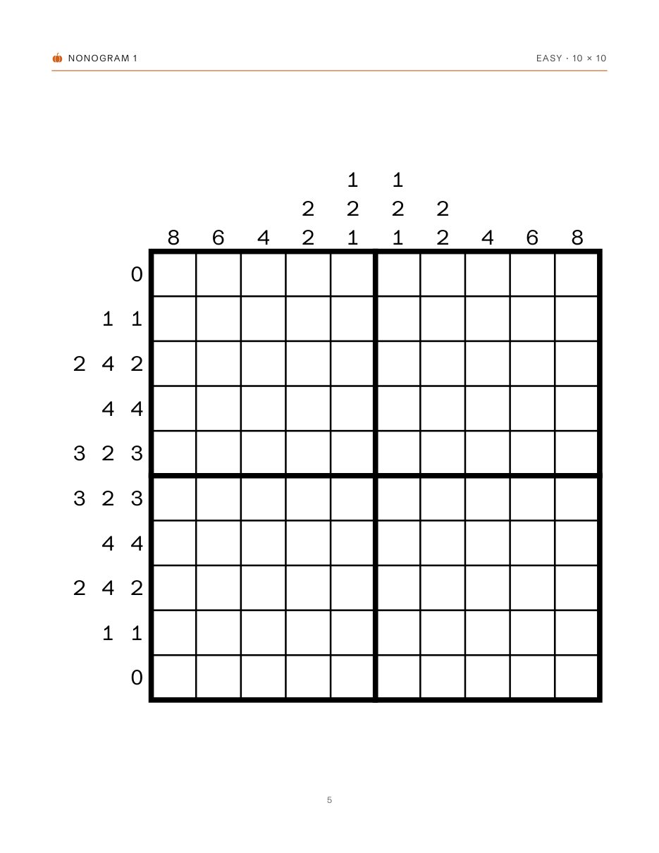 Page 5 of the US Letter file: Nonogram 1, an easy 10 x 10 grid with its clues and no solution, exactly as it prints.