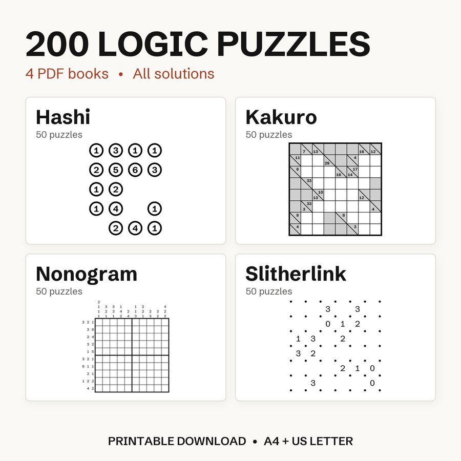 The first picture of the Etsy listing: 200 logic puzzles in 4 PDF books, 50 each of Hashi, Kakuro, Nonogram and Slitherlink, with a sample grid of each, printable in A4 and US Letter.