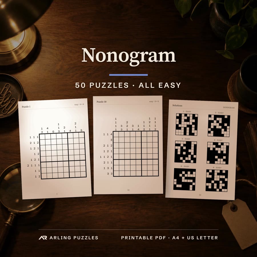 Cover with a real puzzle page. 50 printable Nonogram puzzles, all easy. PDF for A4 and US Letter, all solutions included.