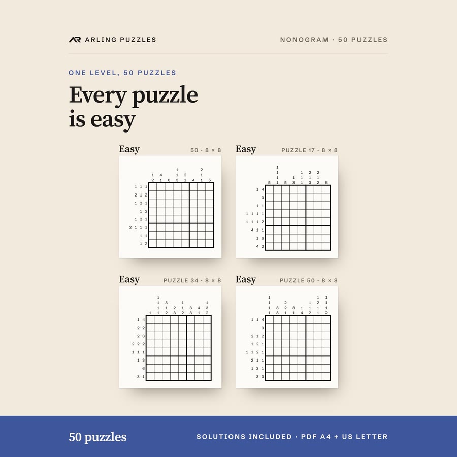 The levels shown as real grids. 50 printable Nonogram puzzles, all easy. PDF for A4 and US Letter, all solutions included.