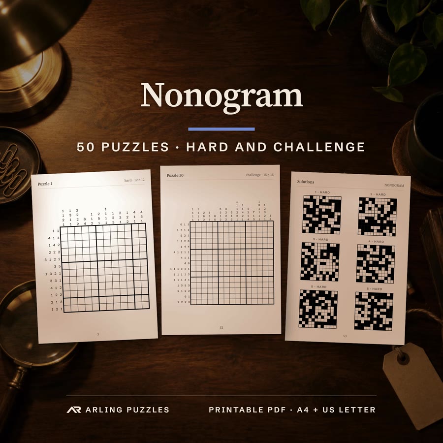 Cover with a real puzzle page. 50 printable Nonogram puzzles, hard and challenge. PDF for A4 and US Letter, all solutions included.