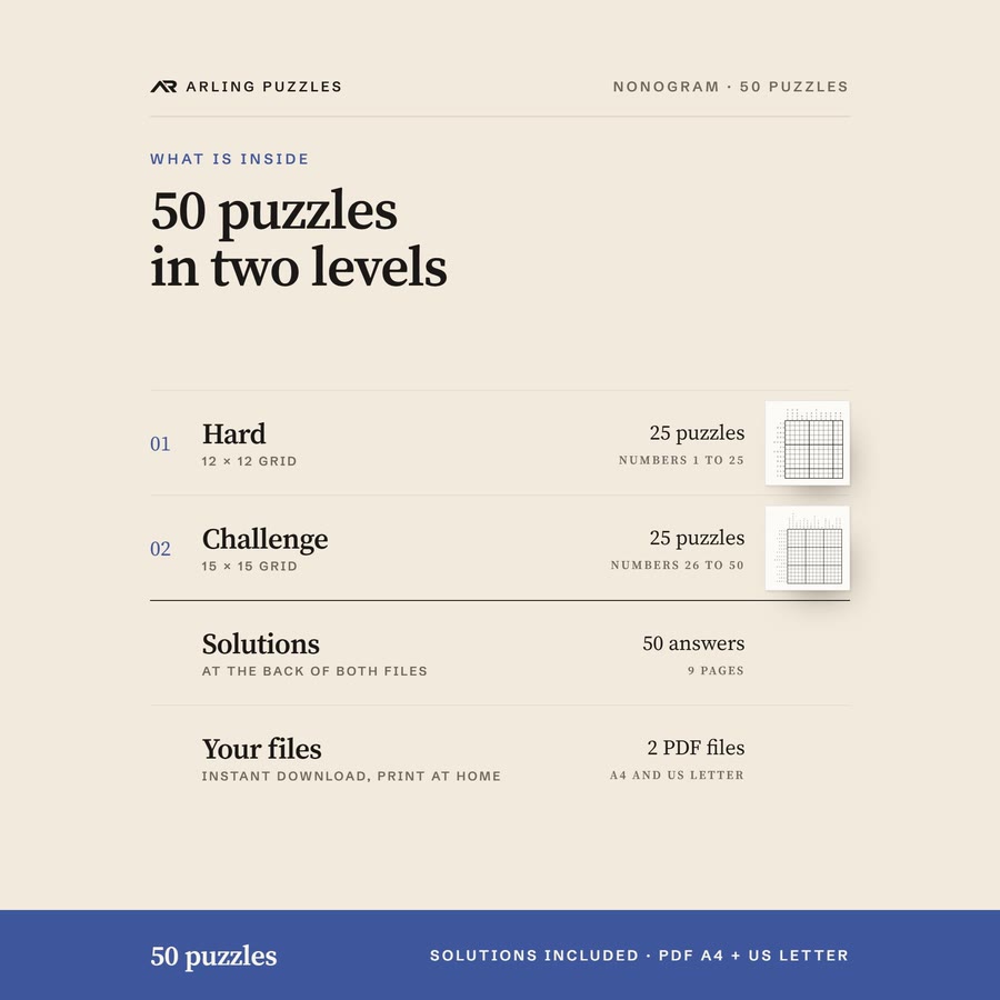 What is inside, level by level. 50 printable Nonogram puzzles, hard and challenge. PDF for A4 and US Letter, all solutions included.