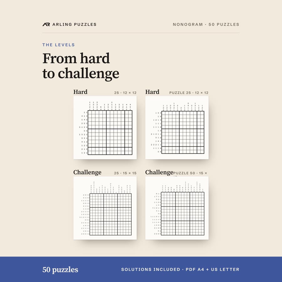 The levels shown as real grids. 50 printable Nonogram puzzles, hard and challenge. PDF for A4 and US Letter, all solutions included.