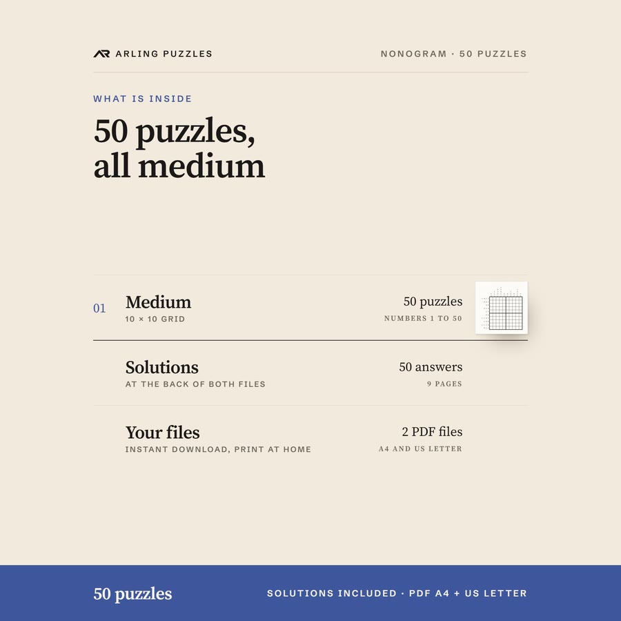 What is inside, level by level. 50 printable Nonogram puzzles, all medium. PDF for A4 and US Letter, all solutions included.