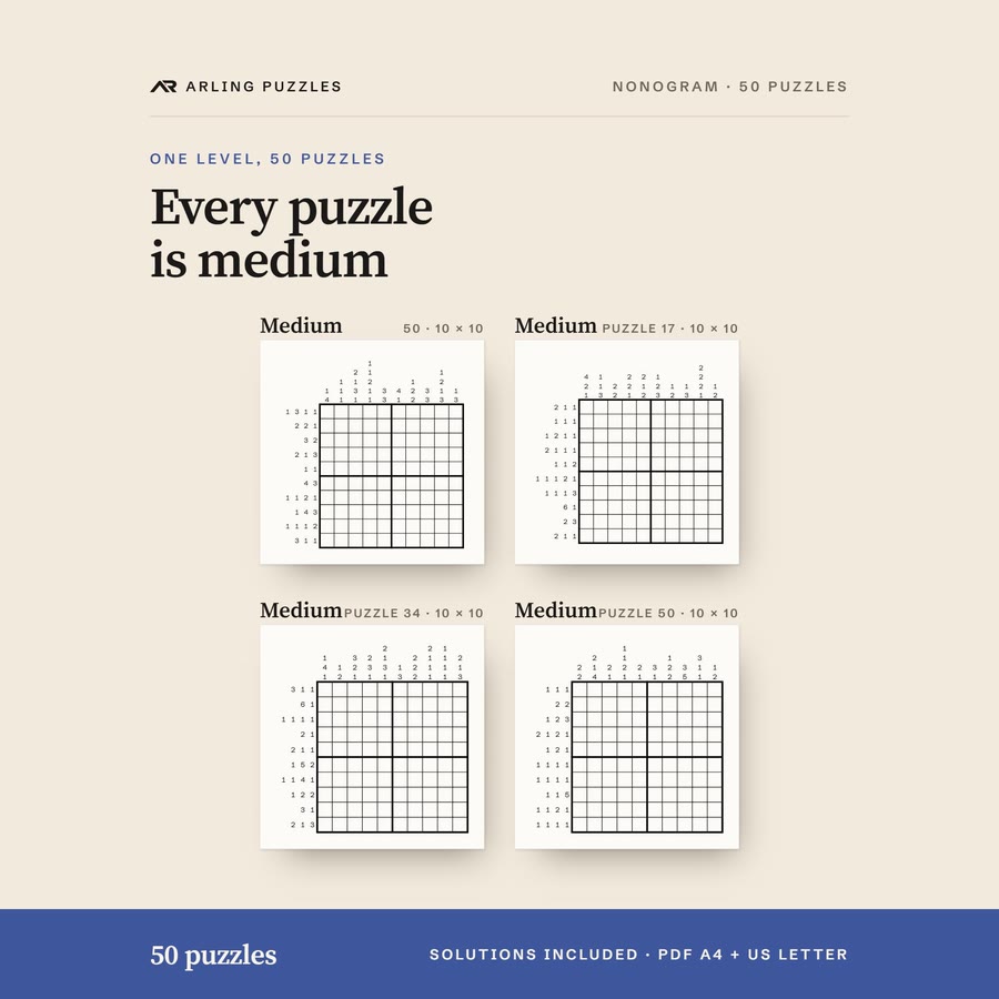 The levels shown as real grids. 50 printable Nonogram puzzles, all medium. PDF for A4 and US Letter, all solutions included.