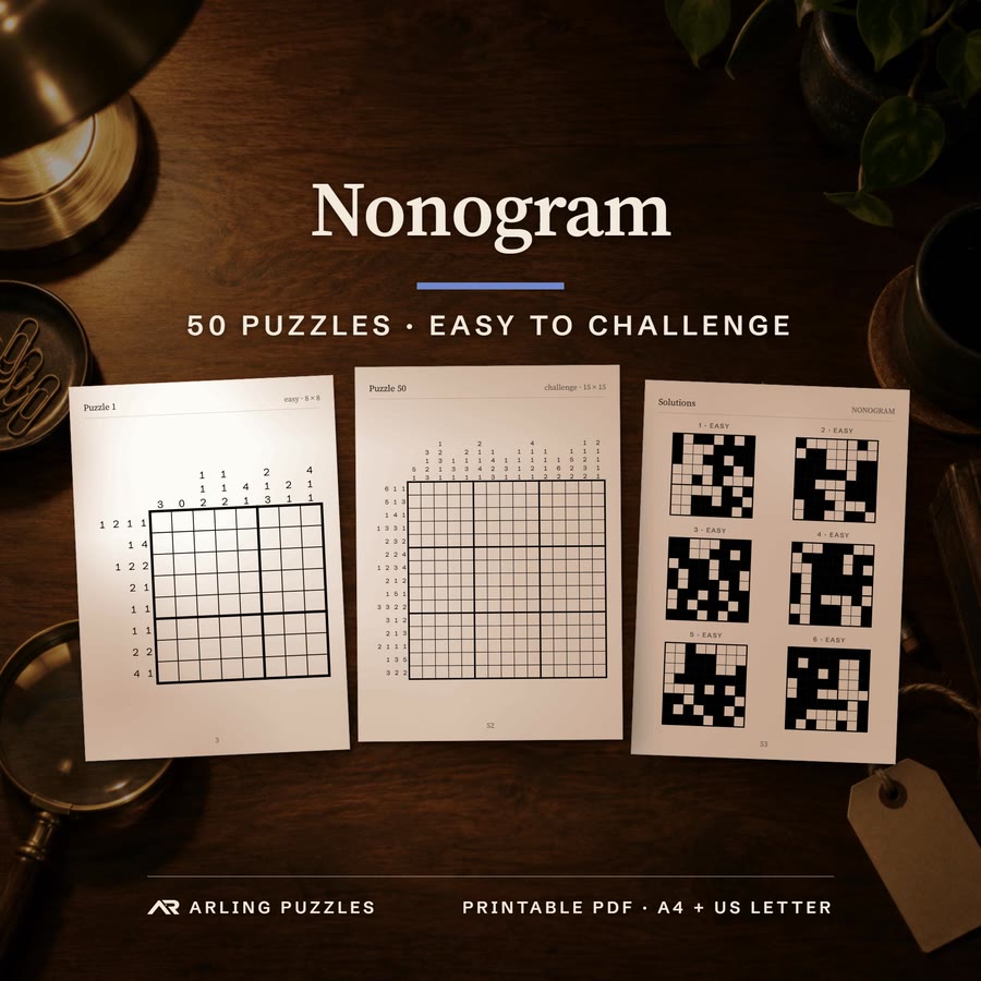 Cover with a real puzzle page. 50 printable Nonogram puzzles, easy to challenge. PDF for A4 and US Letter, all solutions included.