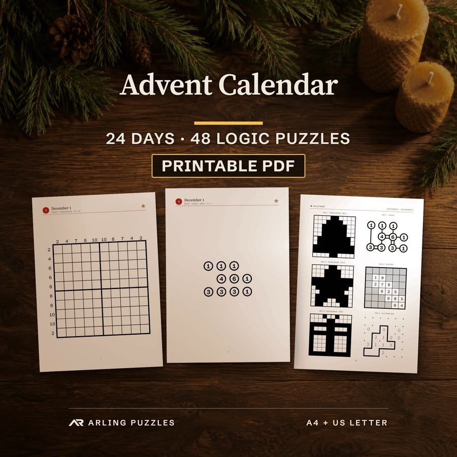 Advent Calendar, 24 days, 48 logic puzzles, printable PDF. Real pages on a desk: the December 1 Nonogram, the Hashi on its back and a solutions page.