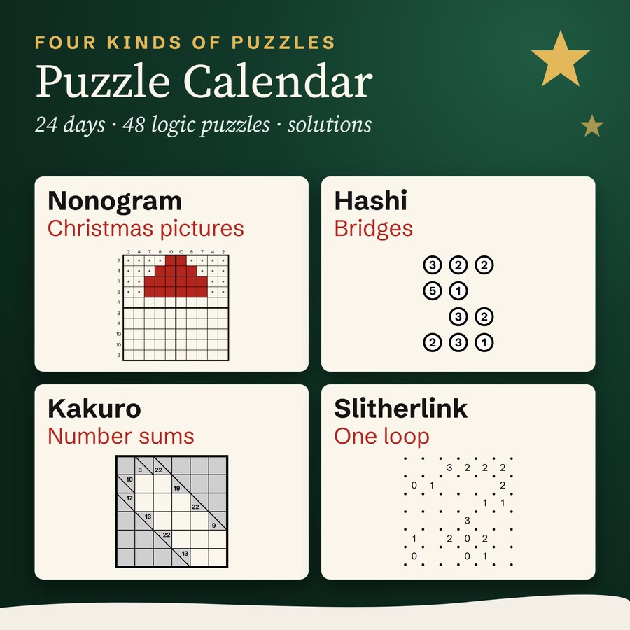 The four puzzle types in the calendar: a Christmas Nonogram with its first rows shaded, a Hashi, a Kakuro and a Slitherlink from the calendar.