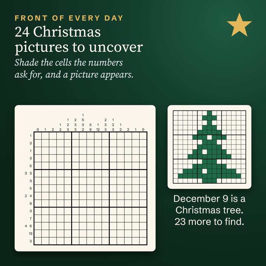The December 9 Nonogram from the calendar next to its solved picture, a Christmas tree.