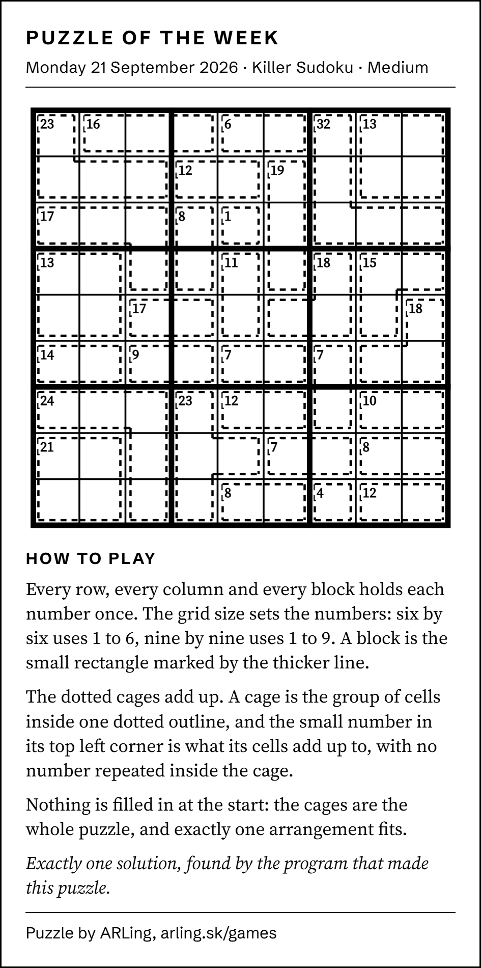 A weekly Puzzle Post Bulletin block: the title, the date, a Killer Sudoku grid, the rules and the credit line, printed in black and white