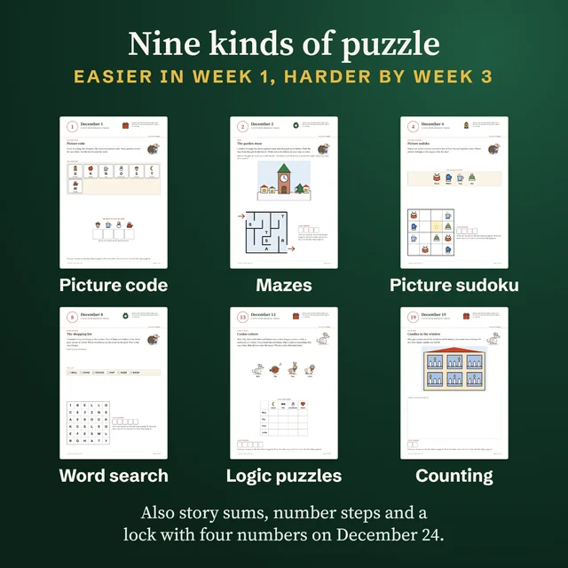 Six real note pages under the title Nine kinds of puzzle, easier in week 1, harder by week 3: picture code, mazes, picture sudoku, word search, logic puzzles and counting. Below: also story sums, number steps and a lock with four numbers on December 24.