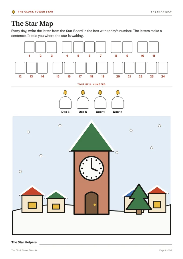 Page 4 of the PDF, the Star Map: 24 empty letter boxes numbered 1 to 24 and grouped into words, four bell boxes for December 3, 6, 11 and 14, a large drawing of the snowy clock tower and a line for the names of the Star Helpers.
