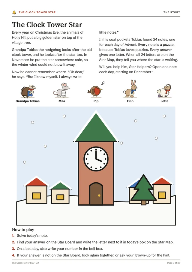Page 3 of the PDF, The Clock Tower Star: the story in two columns, the five characters Grandpa Tobias, Mila, Pip, Finn and Lotte drawn in a row, a large drawing of the clock tower in the snow, and How to play in four short steps.