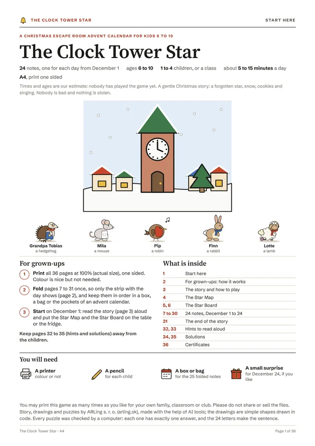 Page 1 of the PDF, Start here: the title The Clock Tower Star, a drawing of the clock tower and the five characters, three steps for grown-ups (print, fold, start on December 1), a table of what is inside with page numbers, and You will need: a printer, a pencil, a box or bag for the 25 folded notes and a small surprise for December 24, if you like.