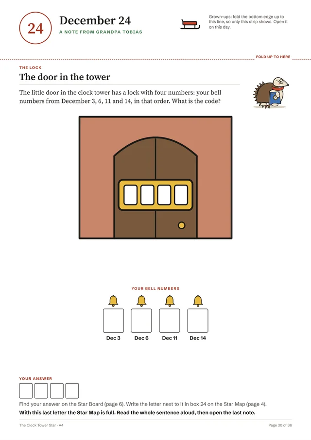 Page 30 of the PDF, the note for December 24, The door in the tower: a drawing of a wooden door with a lock of four number boxes, four bell boxes for December 3, 6, 11 and 14, and an answer box. The last line says: With this last letter the Star Map is full. Read the whole sentence aloud, then open the last note.