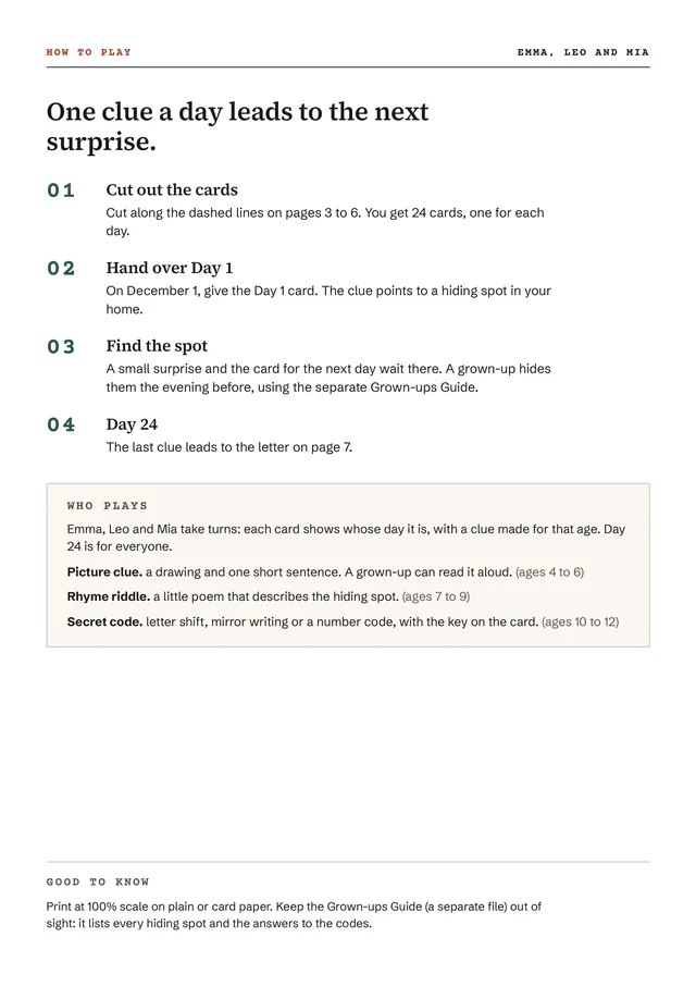 Page 2 of the sample, How to play: One clue a day leads to the next surprise. 01 Cut out the cards. 02 Hand over Day 1. 03 Find the spot. 04 Day 24. A box below explains who plays: Emma, Leo and Mia take turns, with picture clues, rhyme riddles and secret codes.