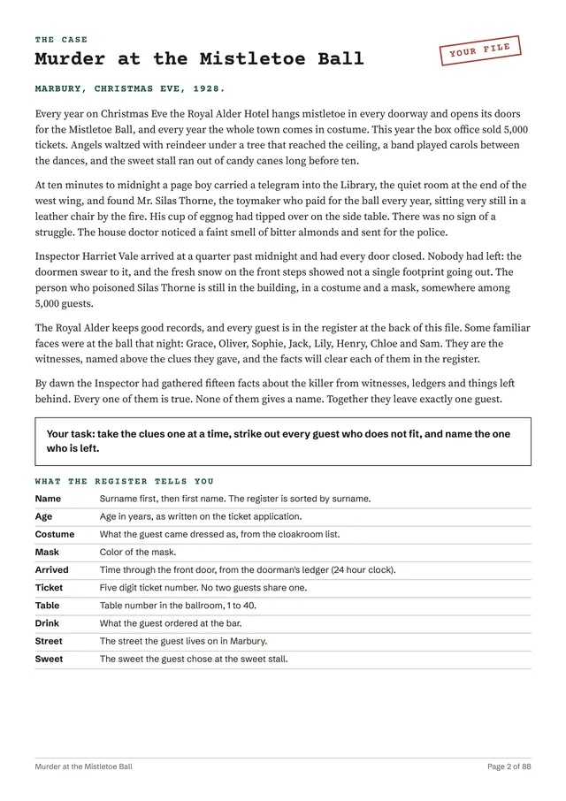 Page 2 of the sample case, The case: Murder at the Mistletoe Ball, Marbury, Christmas Eve, 1928, with a Your file stamp, the story in four paragraphs, the task in a box, and a table of what each register column means.